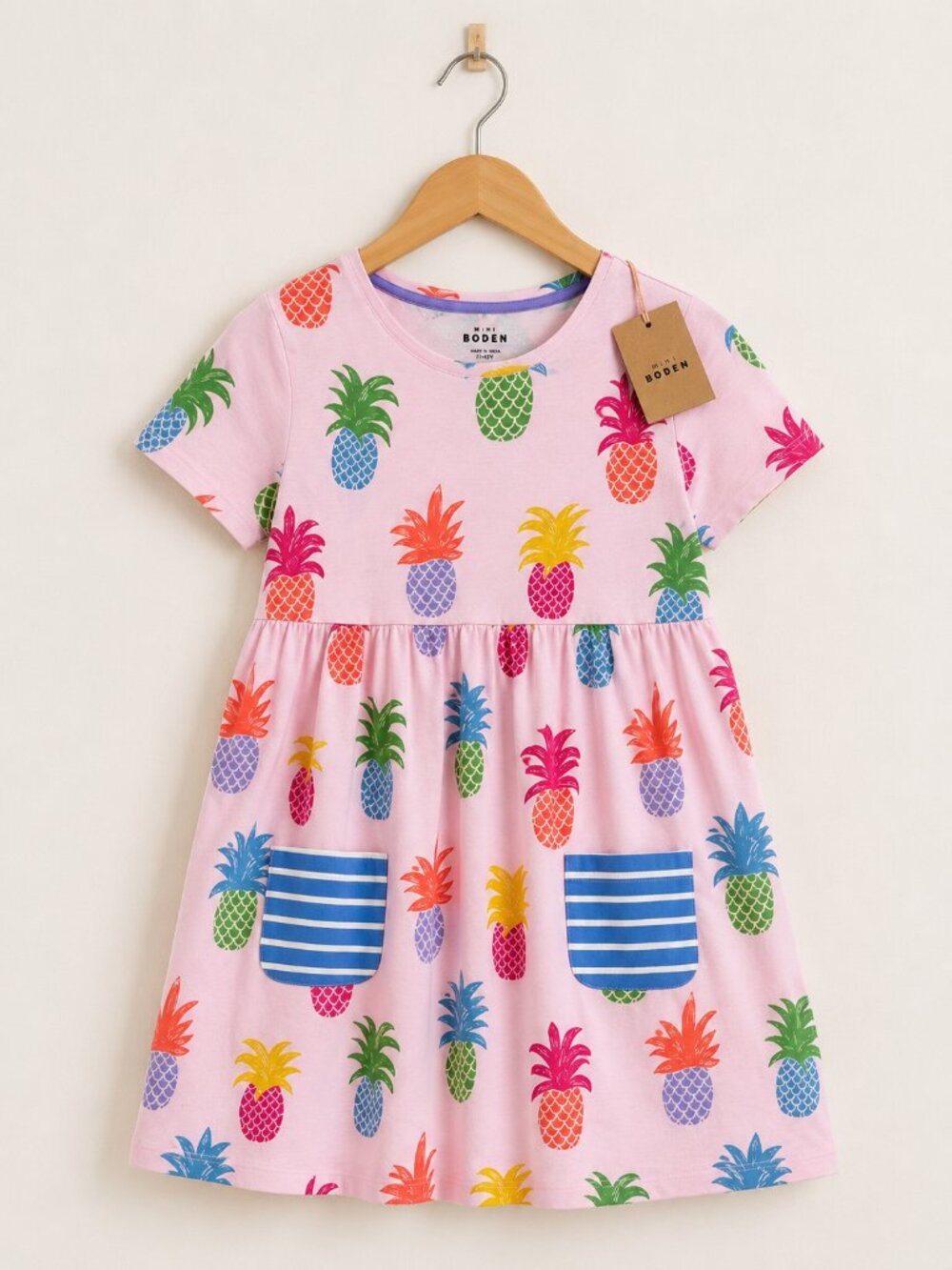 Mini Boden Girls Pink Pineapple Dress Blue Stripe Pockets NWT 11-12 Years